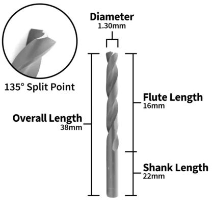 1.3mm Jobber Drill Bit | Lyndon, HSS, DIN 338, 135° Split Point - Image 4